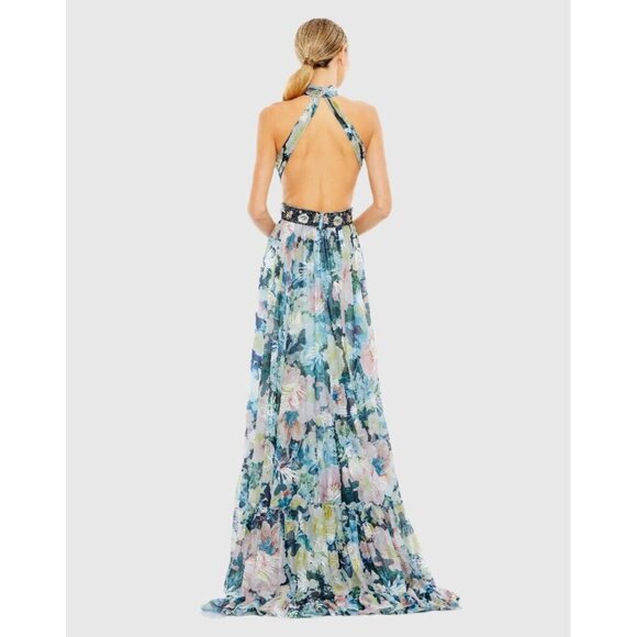 Mac Duggal Size 18 Blue Floral 68089 Halter Maxi Gown Cut Out Embellished Dress - Picture 3 of 13
